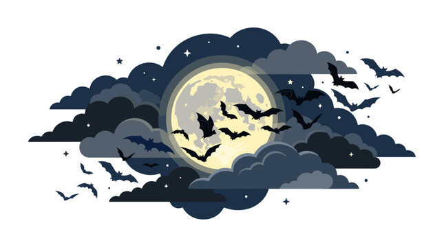 Night scene with full moon surrounded by dark clouds and flying bats in a spooky atmosphere