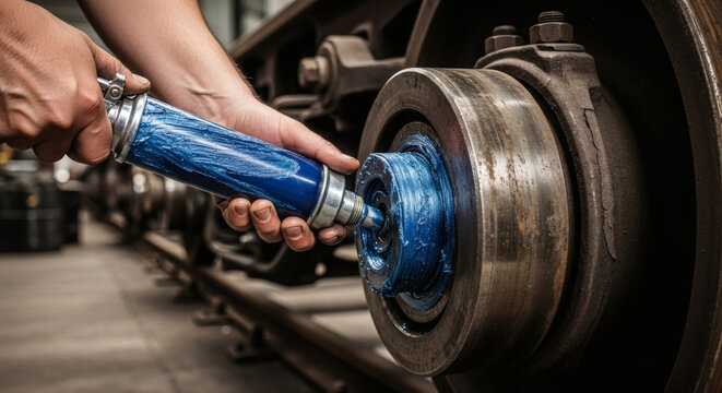 Mechanic applying blue industrial grease to a heavy metal train wheel bearing during maintenance in a professional railway workshop facility