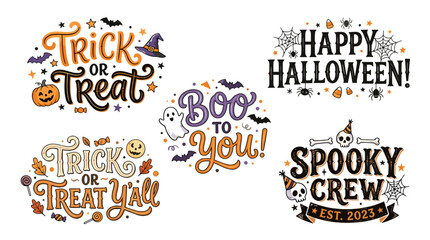 Obraz premium Set of four halloween themed decorative signs with spooky fonts and festive illustrations