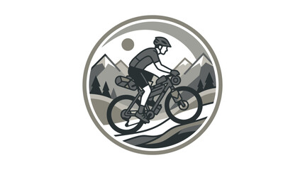 Obraz premium Circular cycling emblem featuring mountain landscape and rider