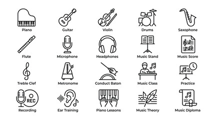 Fototapeta premium Music education icon set, piano, guitar, violin, drums, saxophone, flute, microphone, headphones, music stand, music score.
