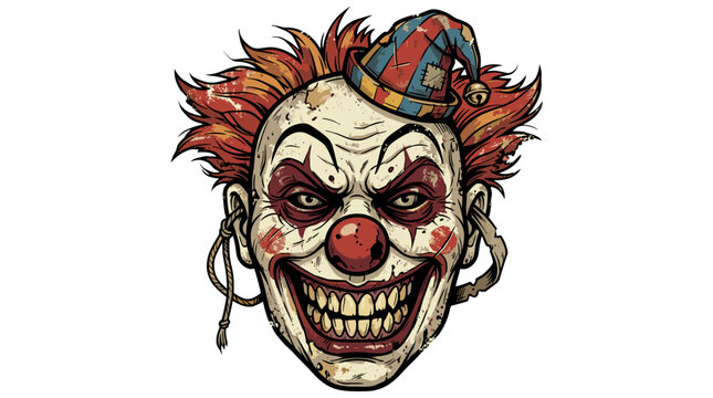 Scary clown face with exaggerated features, colorful hat, and sinister expression for horror theme