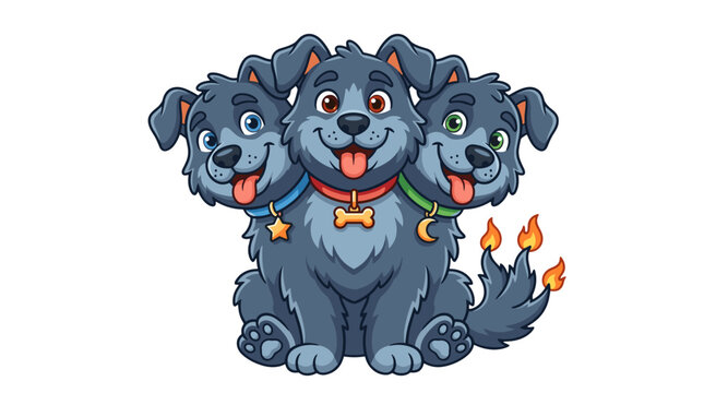 Cute cartoon threeheaded dog with wagging tails and playful expression