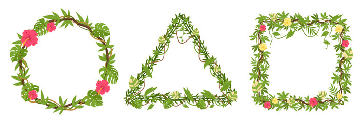 Obraz premium Botanical geometric frames. Round, triangle and square floral borders with tropical leaves and flowers flat vector illustration set. Decorative botanical templates