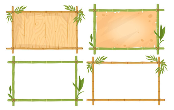 Bamboo frame templates. Collection of rectangular bamboo borders with wooden signboards and blank panels flat vector illustration set. Natural design elements