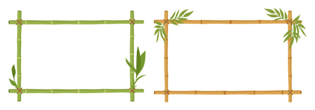 Bamboo rectangular frames. Collection of simple green and natural bamboo borders flat vector illustration set. Eco decorative frames isolated on white background