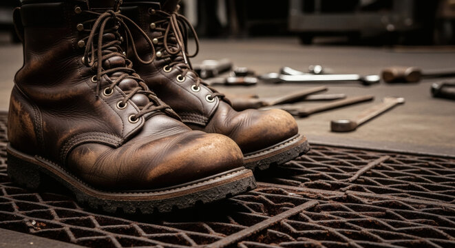 Leather work boots standing on a metal industrial floor with scattered tools in a workshop setting during the day