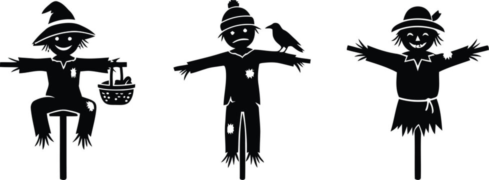 Black silhouette scarecrows with different poses