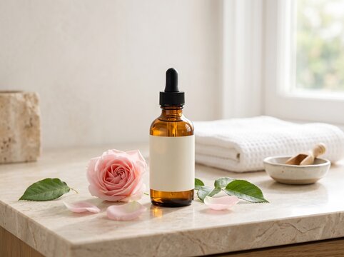 Amber glass dropper bottle with blank label, organic rose essential oil on marble counter, natural skincare serum mockup in bright bathroom