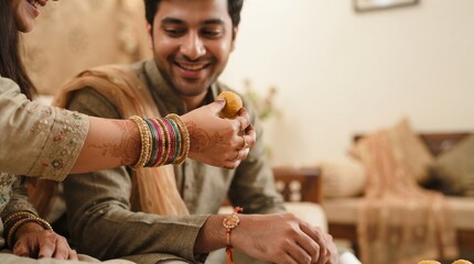 Obraz premium Indian Sister Feeding Sweet to Brother During Raksha Bandhan Celebration at Home