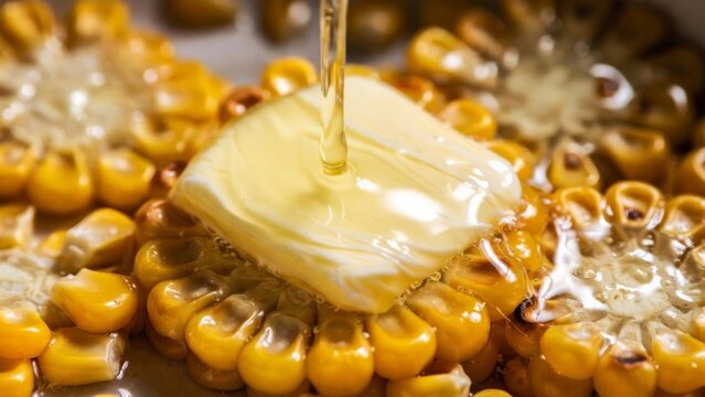Clear liquid pouring onto melting butter on yellow sweet corn zea mays.