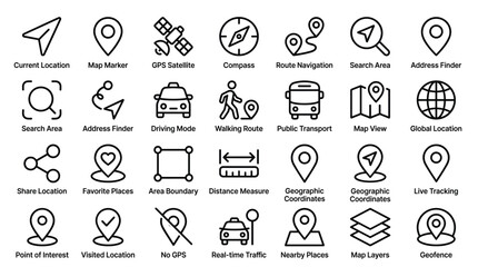 Fototapeta premium Navigation and location icon set covering gps mapping route planning transit and geofencing tools for mobile applications and logistical tracking digital systems.