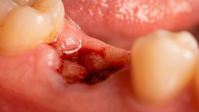 Close-up of a tooth extraction socket with blood in the gum. Suitable for dental education, medical training, oral surgery, and healthcare.