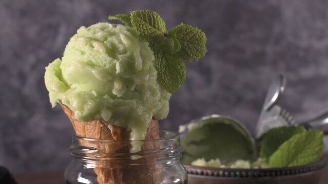 Refreshing Lime or Mint Sorbet Scoop in a Waffle Cone