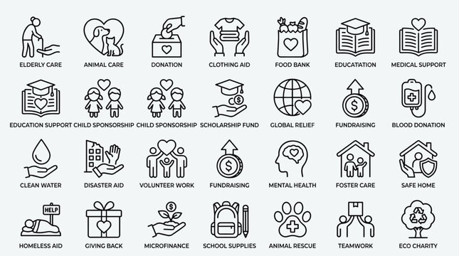 Premium charity and volunteering icon set editable stroke for donation support and community services with human care elements.