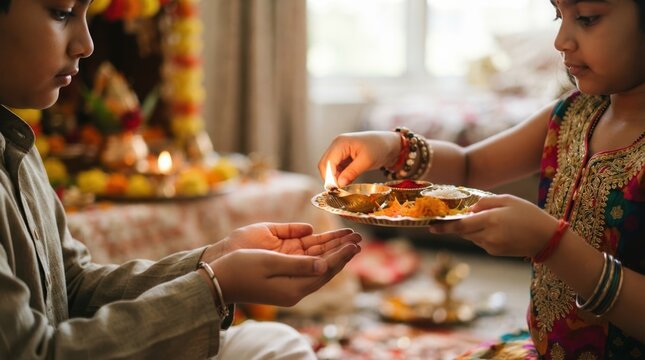 Young Indian siblings performing traditional aarti ritual with diya lamp at home for cultural celebration