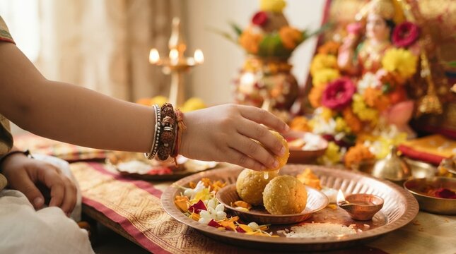 Child Hand Offering Laddu Sweet During Hindu Puja Ritual Ceremony at Home