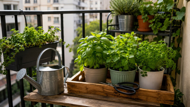 Cozy urban balcony garden featuring variety of fresh green potted herbs, rustic wooden tray, metal watering can, and scissors, perfect for home gardening and cooking.