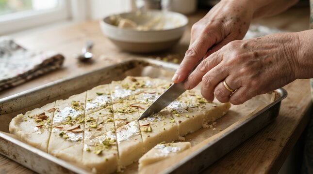 Senior woman hands cutting homemade Kaju Katli Indian cashew fudge dessert on baking tray for festive celebration