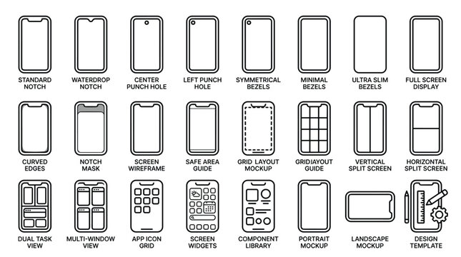 Smartphone screen display types standard notch waterdrop center punch hole minimal bezels ultra slim full screen curved edges mask wireframe.