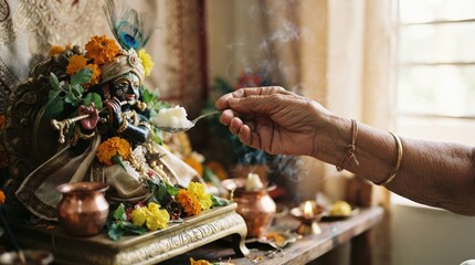 Obraz premium Elderly Indian Woman Offering Butter to Lord Krishna Idol for Daily Hindu Worship Ritual at Home