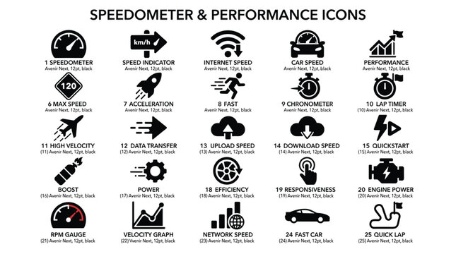 Speed and performance vector icons for automotive industry internet connection testing hardware diagnostics and racing management system interface design elements.
