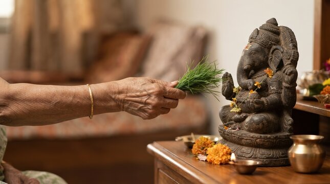 Elderly Indian Woman Offering Durva Grass to Ganesha Statue During Hindu Puja Ritual at Home