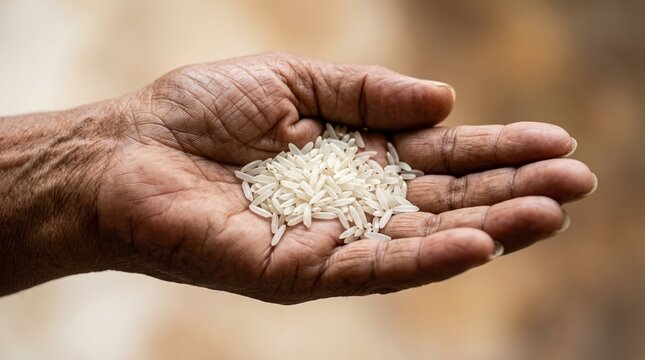 Elderly person holding raw white rice grains in hand representing food scarcity and poverty relief concept