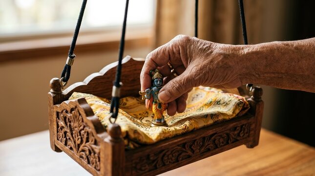 Elderly Person Placing Krishna Idol in Wooden Cradle for Janmashtami Celebration