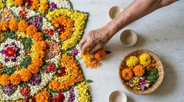 Elderly Indian Woman Creating Floral Rangoli Pattern for Traditional Celebration and Home Decoration