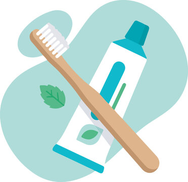 Bamboo Toothbrush and Organic Toothpaste Tube Vector Illustration for Dental Care Branding, Eco Friendly Oral Hygiene Concept, Zero Waste Lifestyle Graphic Design Element on Mint Green Background