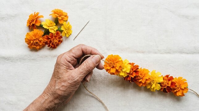 Elderly artisan hands stringing marigold flowers for traditional floral garland DIY craft project