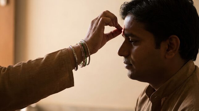 Indian woman applying red tilak on man forehead for traditional ritual ceremony, close up shot of cultural blessing