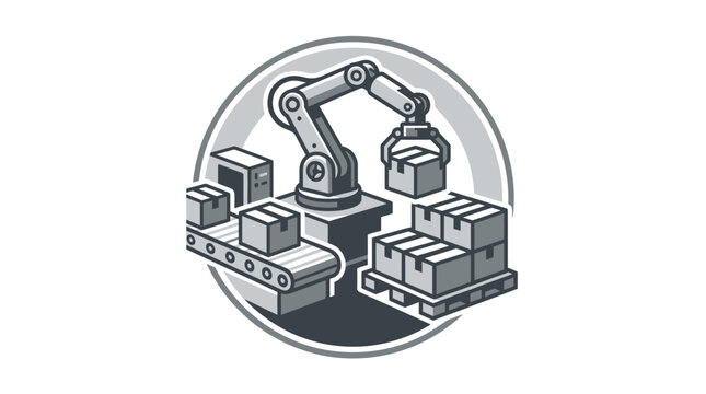 Circular emblem showing robotic arm sorting warehouse boxes.