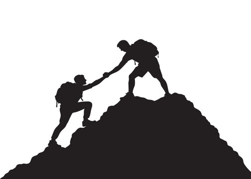 Two hikers assisting each other up a mountain black silhouette on transparent background hiking climbers mountaineering