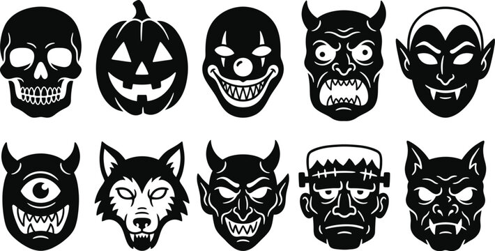 Black halloween monster and creature heads