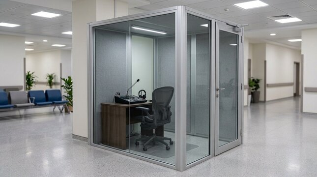 Interpreter booth with a small desk and ergonomic chair inside a glass-walled enclosure in a hospital international patient services - No People, Medical Technology Stock Photo