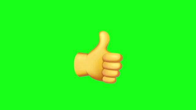 3D animated element of a yellow hand giving a thumbs up (like/approval) on a chroma key green screen background, great for social media interaction call-to-actions