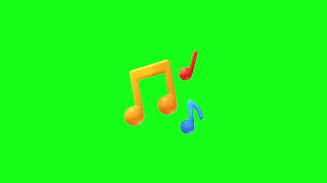 3D animation of yellow, red, and blue music notes moving cheerfully on a chroma key green screen background for audio, song, and dance content
