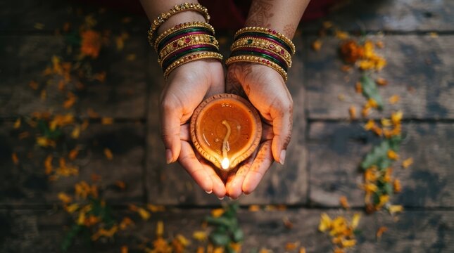 Indian woman hands holding lit diya oil lamp for Diwali festival celebration, traditional festive lighting concept