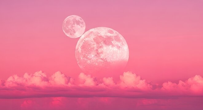 Two moons rising above clouds in a surreal pink sky