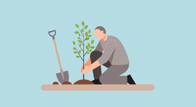 Man planting a small tree sapling illustration. Reforestation, gardening, and environmental protection concept for nature growth.