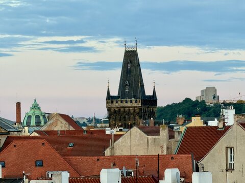 Rooftop view of Stare Mesto, Prague city center, with Powder Tower and Vitkov hill