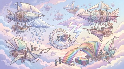 Obraz premium Whimsical steampunk airships in pastel clouds, fantasy flying machines with rainbow and lightning elements, dreamlike sky adventure illustration