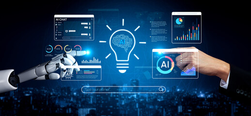 Obraz premium Futuristic AI Technology Concept with Robot Hand and Human Hand Interacting Light Bulb Digital Interface. Entropy.