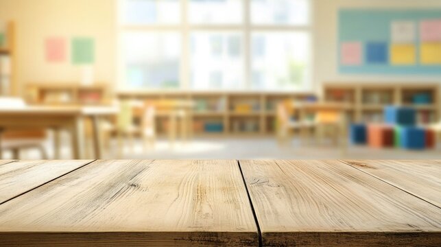 Wooden top with blurred empty classroom background can be used for mocking up or display product to make advertising.