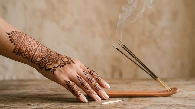 Young Woman Hand with Henna Mehndi Tattoo Reaching for Burning Incense Sticks for Spiritual Meditation and Relaxation