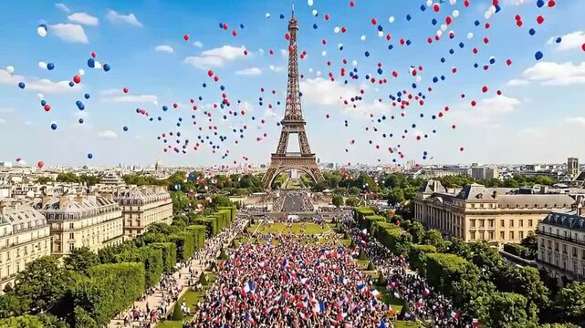 Celebrating Bastille Day with a Massive Crowd at Eiffel Tower in Paris