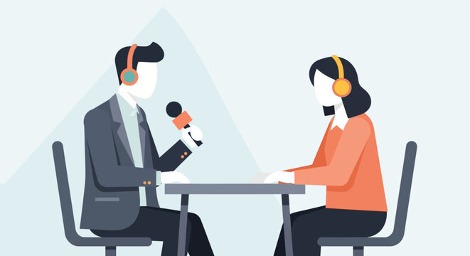 Professional podcast or radio interview with a man interviewing a woman. Flat vector illustration of media communication.