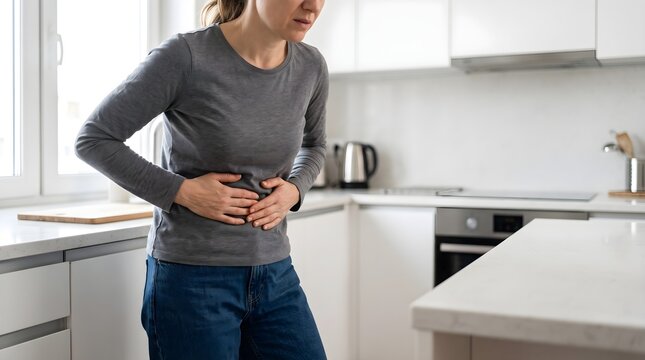 Abdominal pain and stomach ache, woman suffering from digestive problems in kitchen, menstrual cramps and bloating discomfort